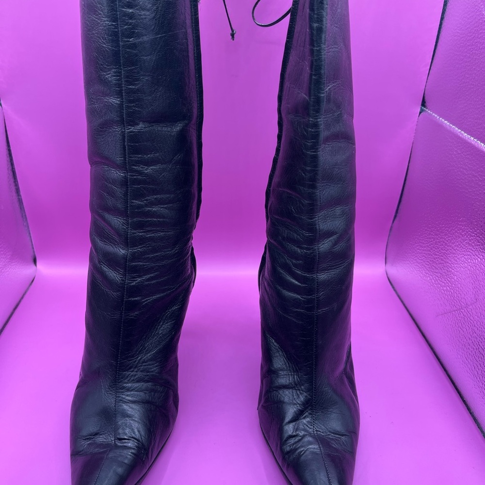 Vero Cuoio Black Leather Heeled Boots size 6 cool lace detail in back
